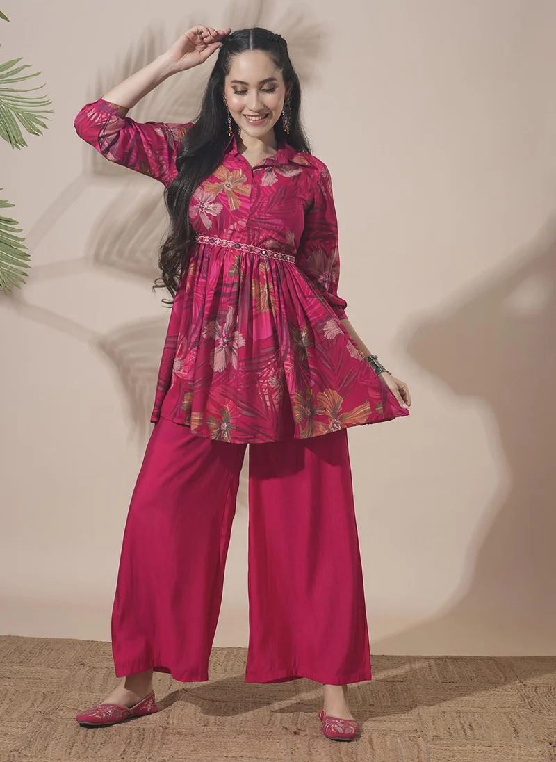 globus Globus Women Tropical Print Peplum Tunic With Palazzos & Embroidered Belt Festive Co-Ord Set